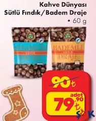 KAHVE DÜNYASI SÜTLÜ FINDIK/BADEM DRAJE 60 G fiyat ve kampanya bilgisi